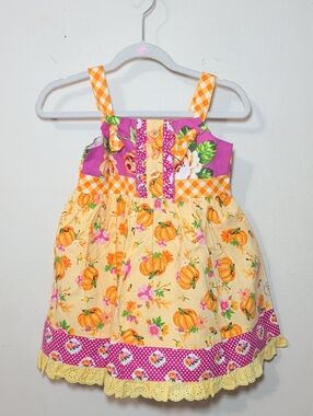 Olive Mae Pumpkin Knot Dress with Floral + Polka Dot Trim Yellow Pink Size 3T